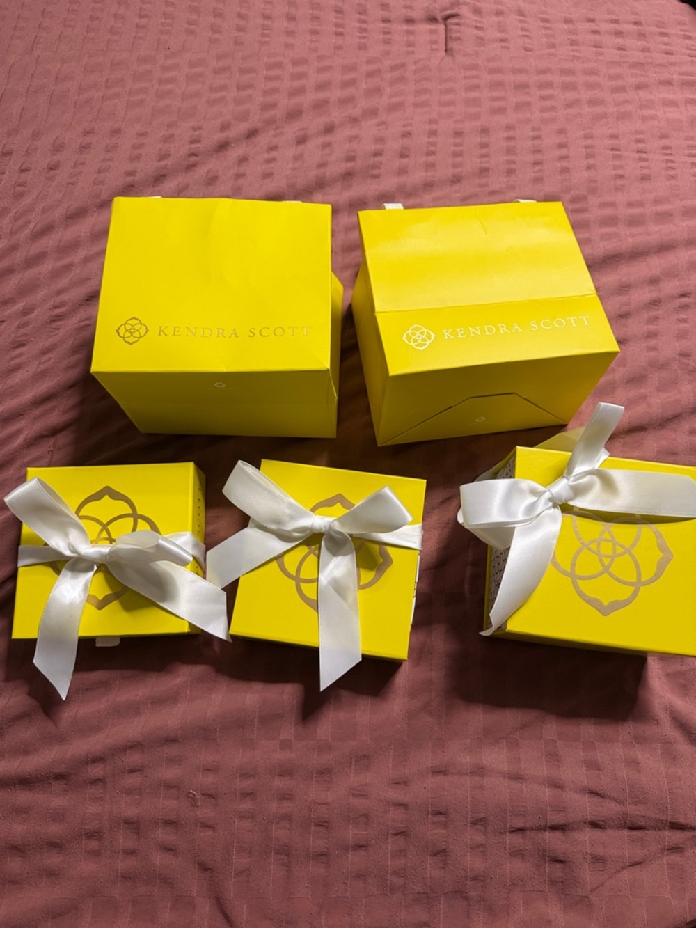 Kendra Scott Bright Yellow Jewelry Boxes with White Ribbons and Gift Bags - Picture 2 of 14